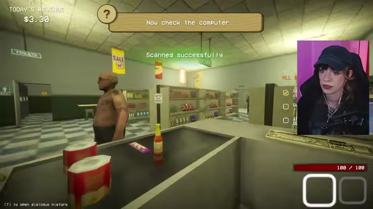 A customer ID is kept at the register while the player prepares to hand its exact identity into the evidence check.