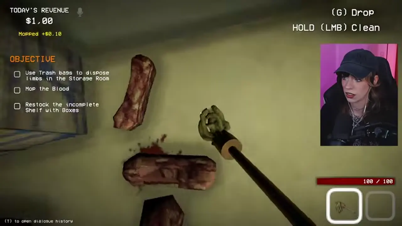 The mop is held over an opening blood patch while the cleanup objective remains visible.
