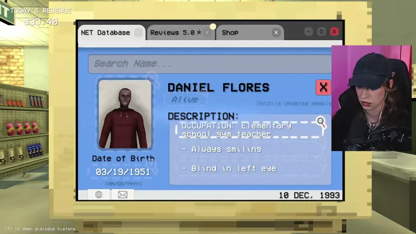 Daniel Flores's record lists his teaching job and blind left eye.
