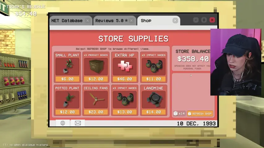 The store-supplies screen is opened early so health and Blood Moon equipment can be purchased.