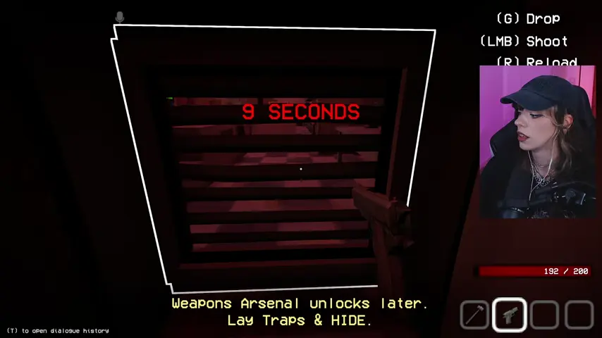 The locked arsenal shows a countdown while the objective tells the player to hide.