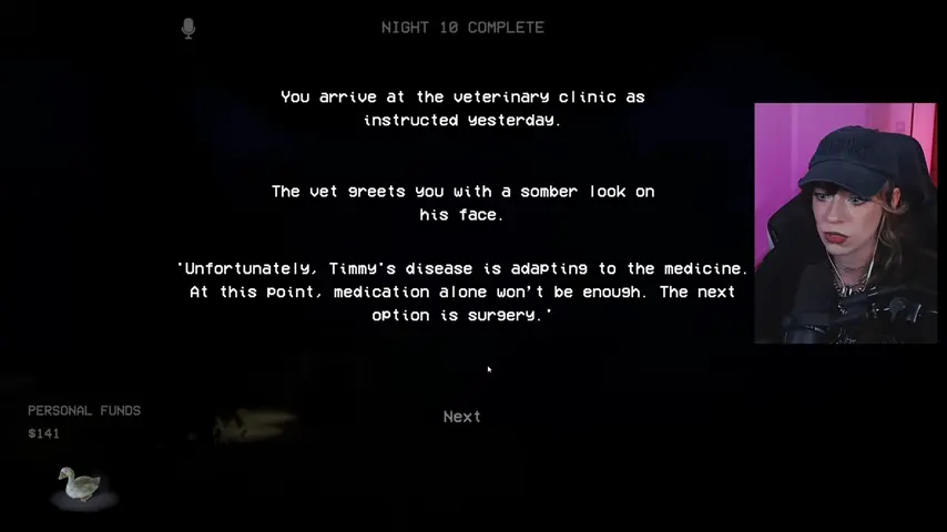 The veterinary scene sets a $250 surgery bill with three days remaining.