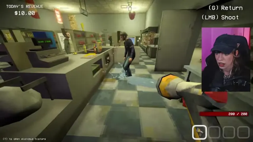 A toilet-paper roll is thrown at a marked human troublemaker inside the store.