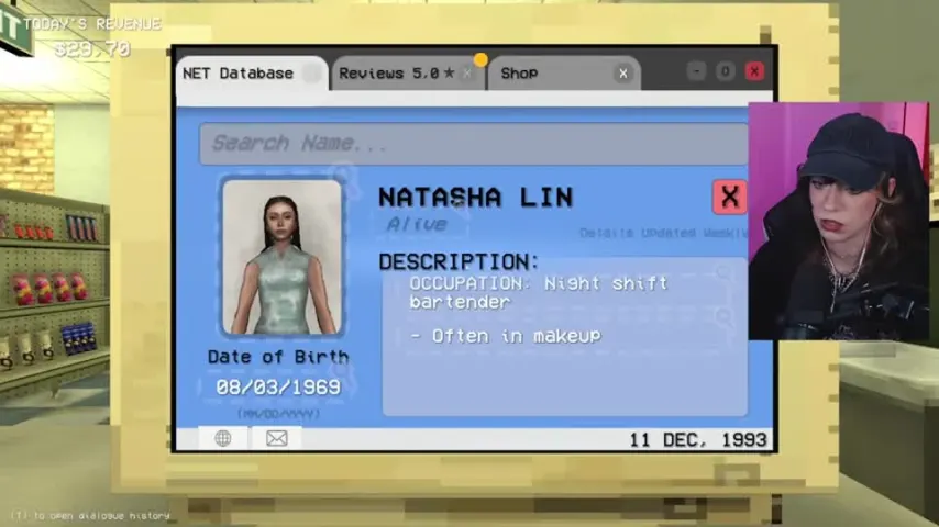 Natasha Linn's database profile lists her bartender occupation and appearance detail.