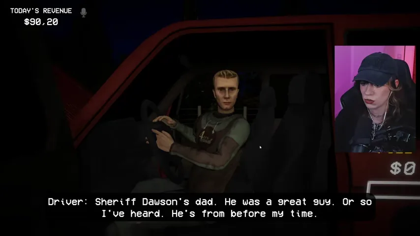 The driver explains that the old newspaper story concerns Sheriff Dawson's father.
