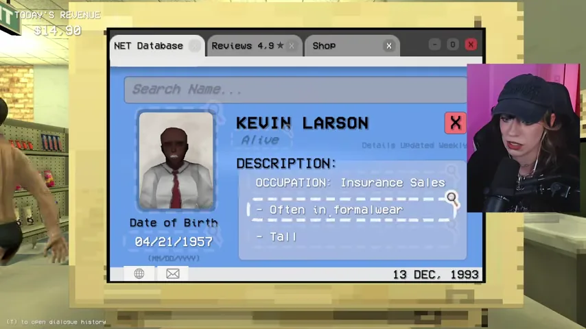 Kevin Larson's database record lists insurance sales, formal wear, and tall stature.