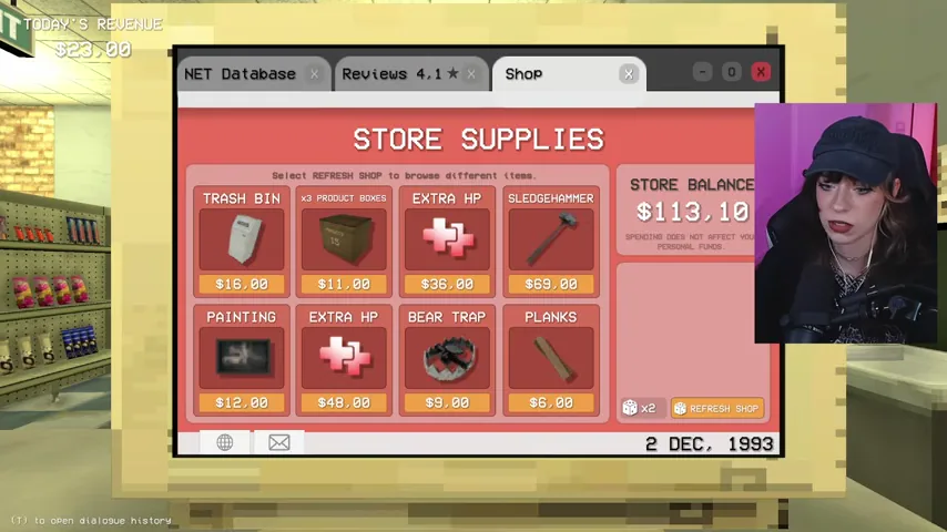 The Store Supplies screen lists decor, health items, weapons, planks, and the current balance.