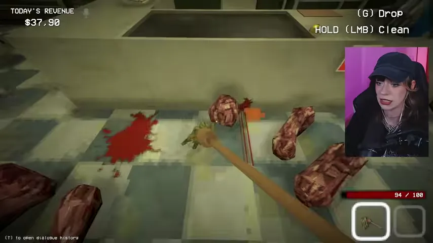 The mop is used on blood and remains beside the checkout counter.