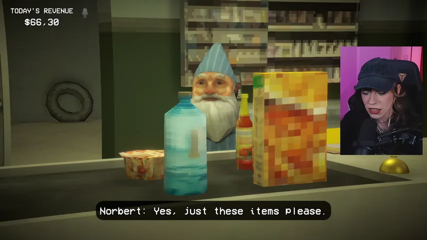 Norbert stands behind the counter and performs the cashier's dialogue.