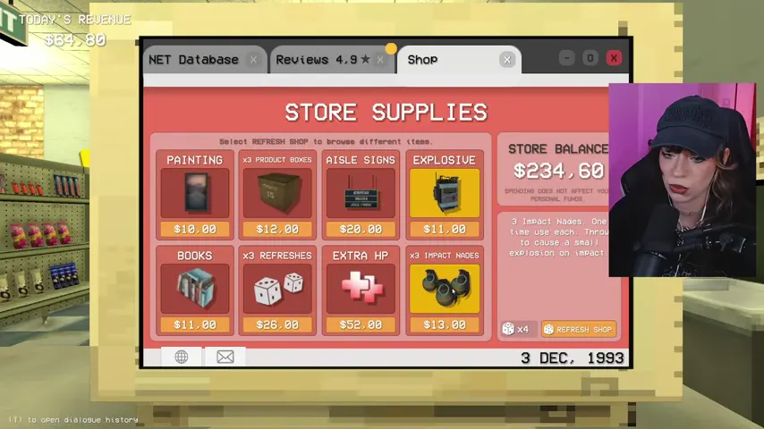 The randomized Store Supplies tab showing its balance and changing item selection