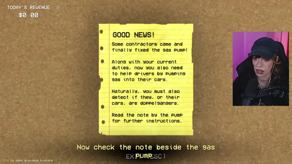 The Night 4 notice announces the repaired gas pump and warns that drivers or their cars may be doppelgangers.