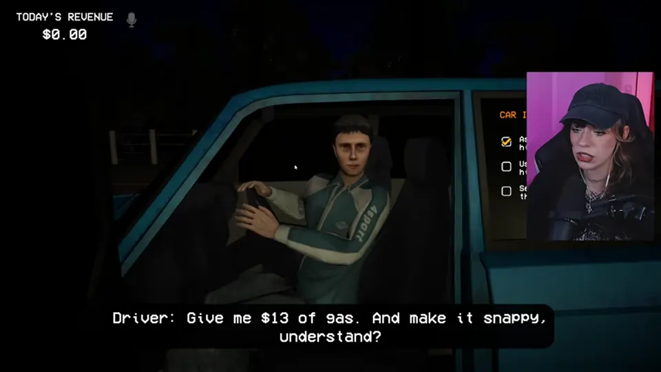 A Night 4 driver states the requested amount of gas at the pump.
