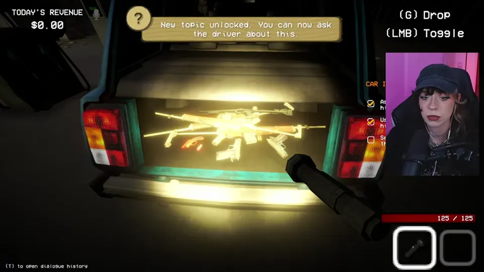 A flashlight reveals a pile of guns in a driver's trunk, an ordinary crime that does not by itself prove a doppelganger.
