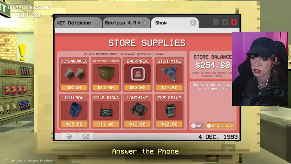 The Night 4 Store Supplies screen offers bandages, a backpack, a stun mine, a landmine, and an explosive.