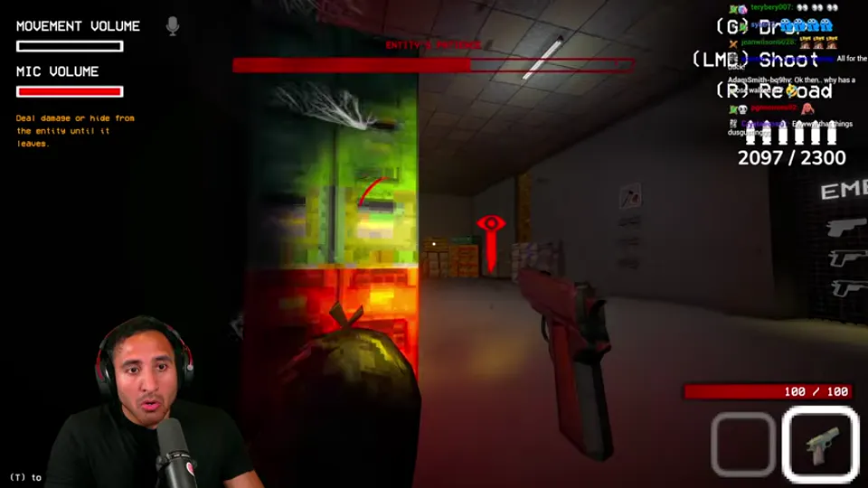 The player aims a storage-room pistol at the alerted entity from inside the prepared Night 4 store.