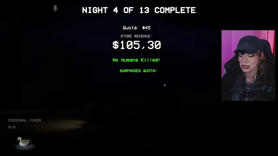 The Night 4 completion screen shows the quota result and No Humans Killed.