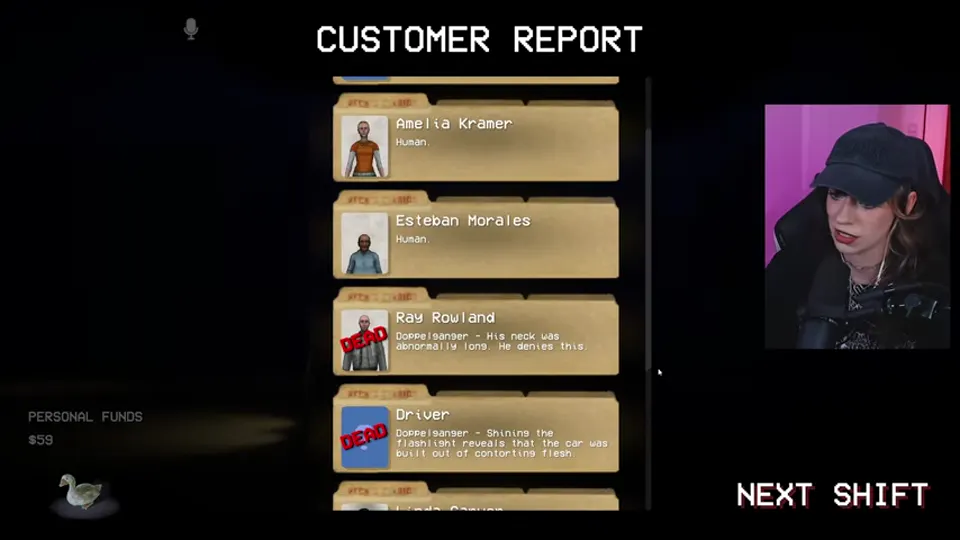 The Night 4 customer report lists the decisions and missed or confirmed clues from the shift.