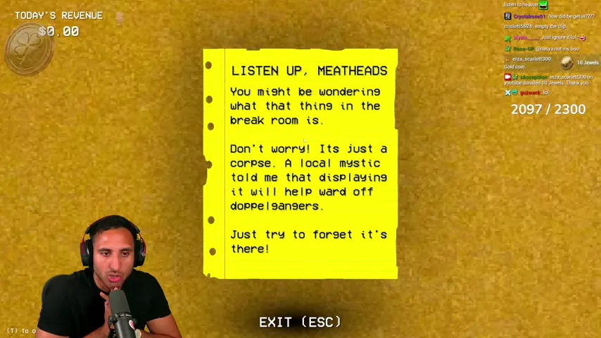 The break-room note explains why the corpse is being displayed.