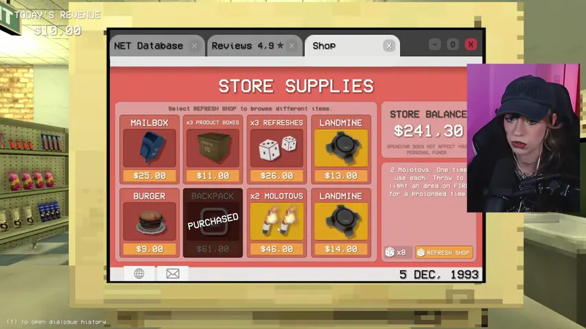 The Shop tab offers Molotovs, mines, healing, a burger, and backpack space.