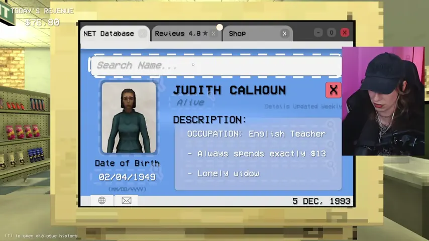 Judith Calhoun's database profile lists her as a lonely widow.
