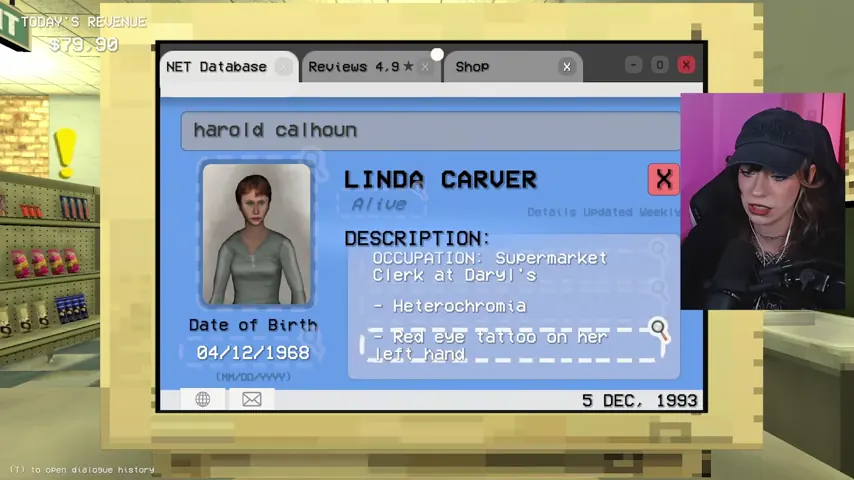 Linda Carver's record identifies the red-eye tattoo on her left hand.