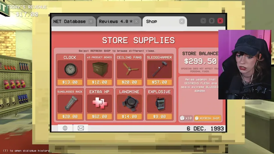 The Night 6 store-supplies screen includes the sledgehammer, health items, and other upgrades.