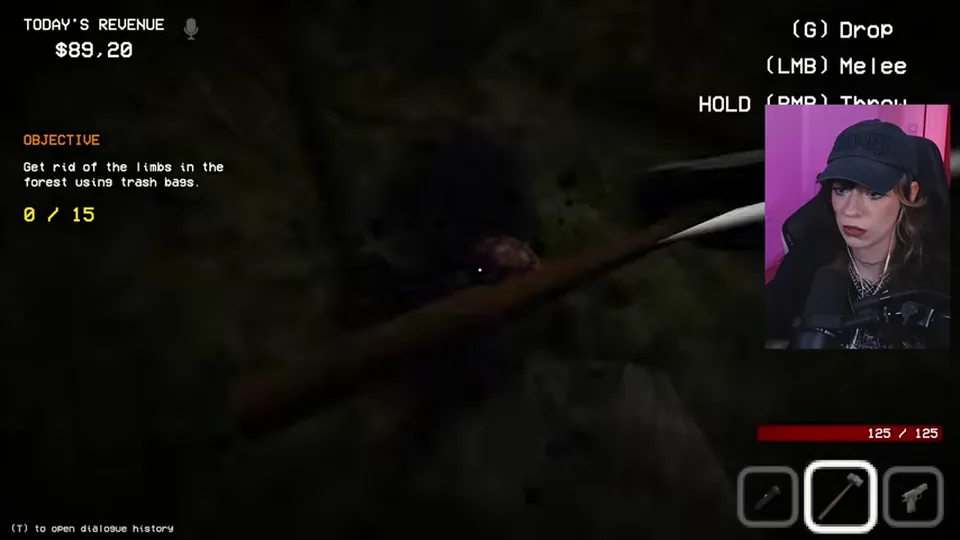 The player swings a melee weapon at the dark roaming figure in the forest.