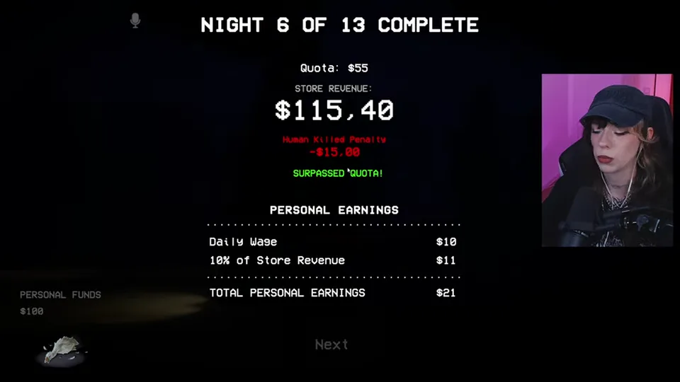 The Night 6 completion screen displays revenue, penalties, and personal earnings.