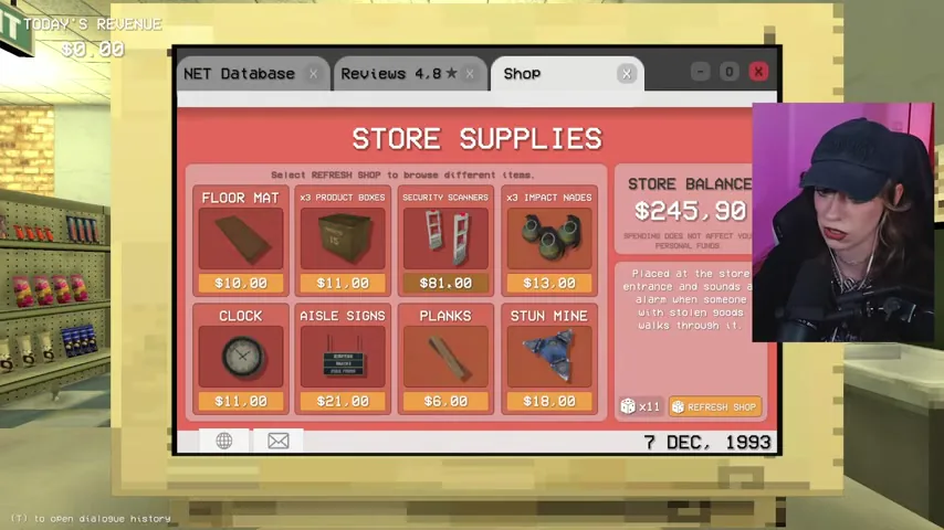The Shop screen shows security scanners, inventory upgrades, planks, traps, and other supplies.