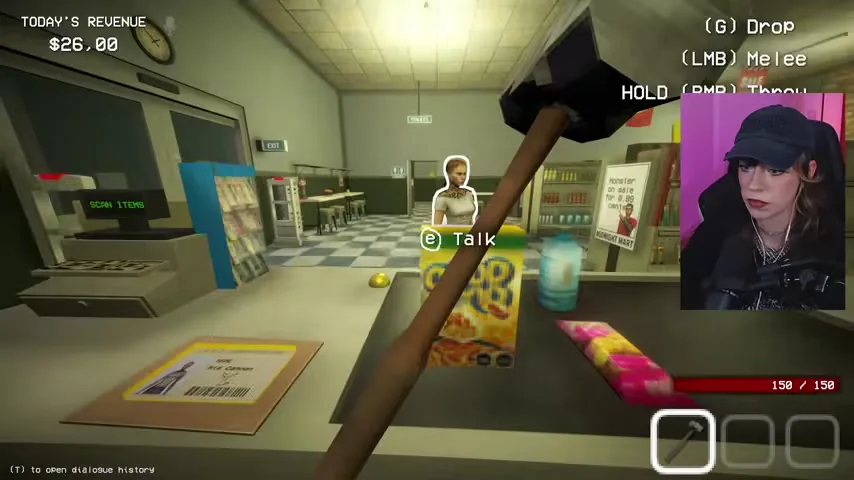 Mia Cannon stands at the counter while the player checks her identity and tattoos.