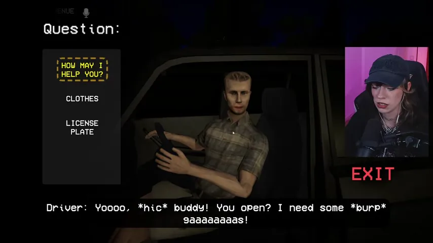 The intoxicated driver asks for fuel while the player checks his answers and vehicle.