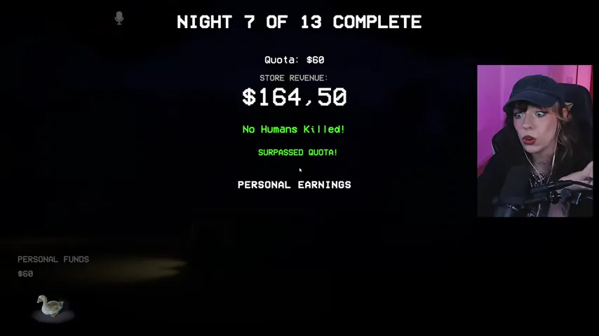 The Night 7 completion screen shows the store quota and human-casualty result.