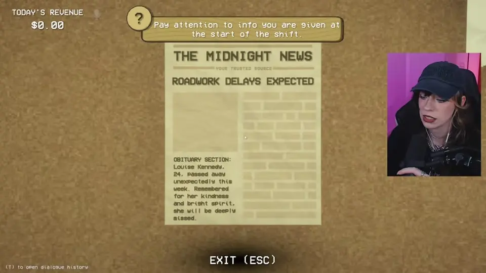 The Midnight News sheet contains the roadwork notice and the obituary that must be carried into later interviews.