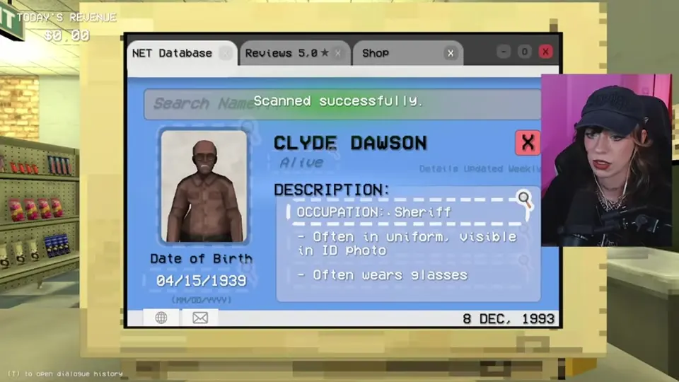Clyde Dawson's database profile lists his sheriff occupation and glasses.