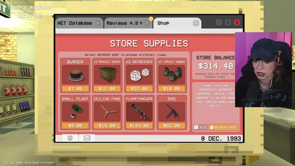 The Store Supplies tab displays Night 8 weapons, health items, traps, and the current balance.