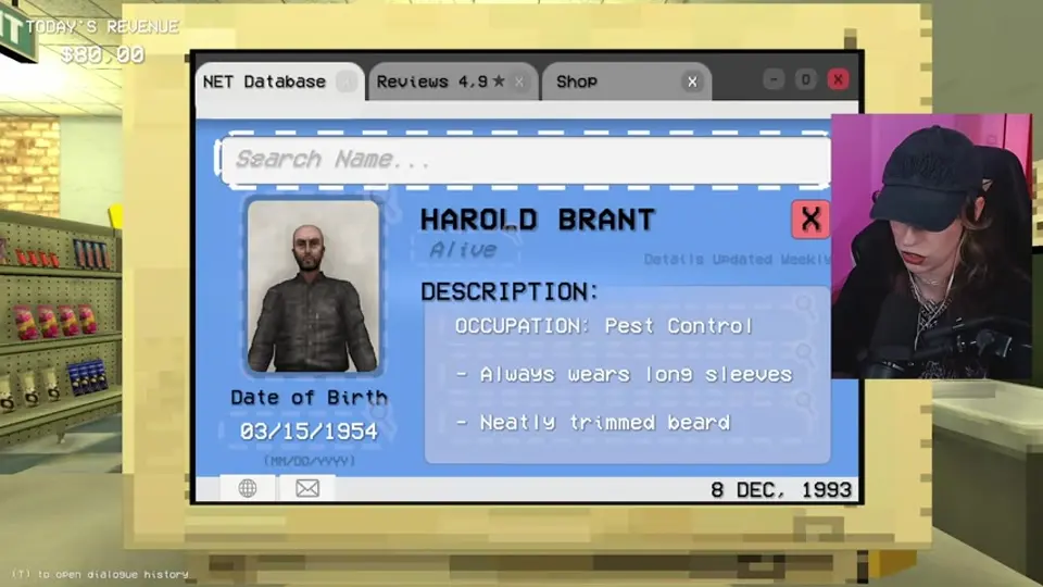 Harold Brand's profile shows his 1954 birth date, pest-control occupation, weekly update, and recorded beard.