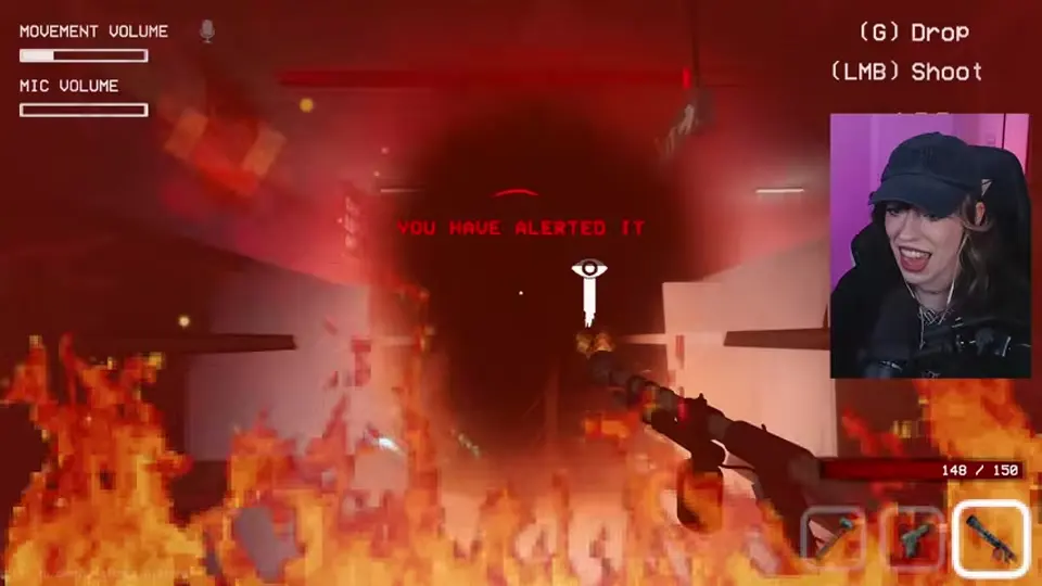 The player is visibly on fire while using the flamethrower during the Night 8 defense.