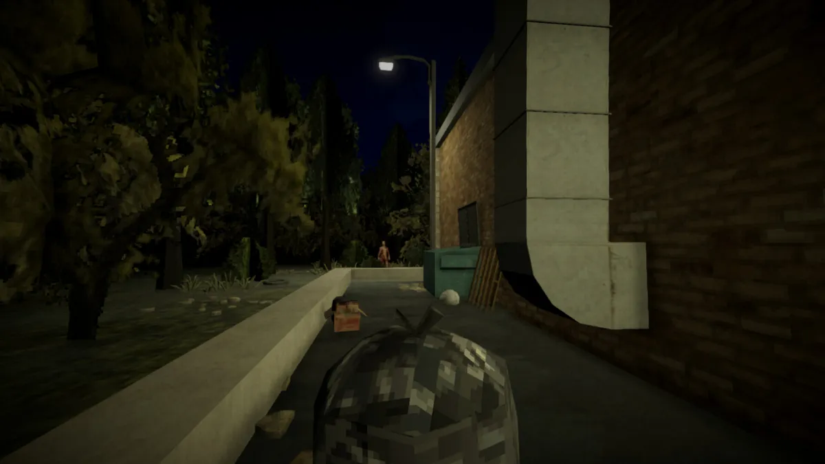 A dark exterior route tests whether important geometry and distant threats remain distinguishable.