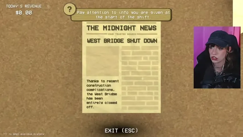 A nightly newspaper announces that West Bridge is fully closed, creating a fact that can be tested in later dialogue.