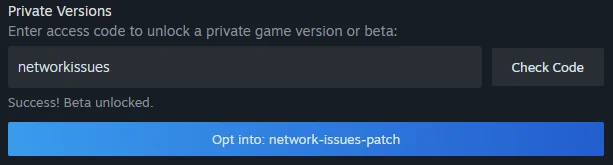 The historical private-version screen uses the networkissues code and network-issues-patch branch.